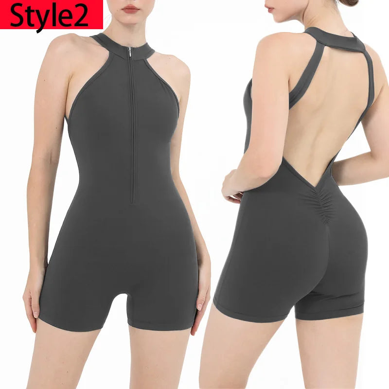 Scrunch Gym Jumpsuit Women's Fitness Suit Short Sets Sports Overalls for Woman Tracksuit Yoga Clothing Zipper Workout Sportswear