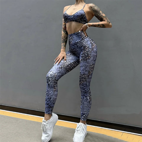 Leopard Bra & Fitness High Waist Raise Scrunch Gym Leggings set