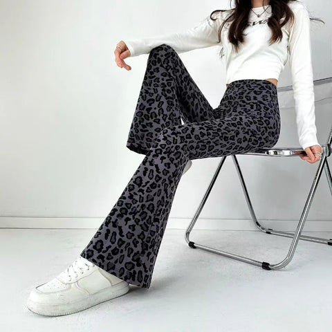 Women Leopard Printed Flared Pants Elasticized High Waist Shark Leggings Casual Spring Summer Korean Slim Straight Tube