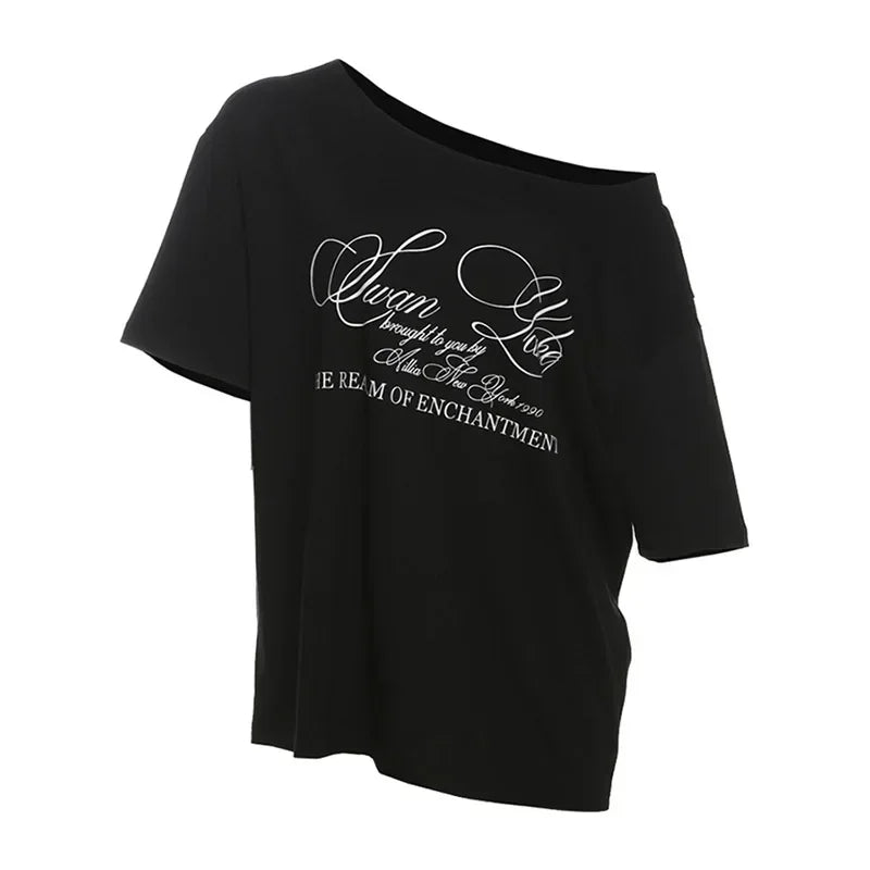 PixieKiki Letter Print Graphic T Shirts White Oversized One Shoulder Tops Womens Summer Fashion Clothing Trends 2024 P71-BG14