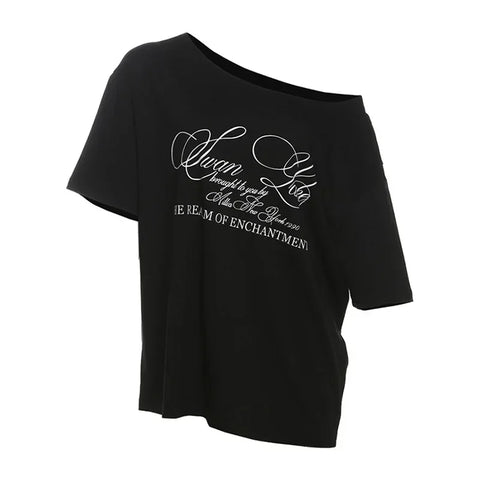 PixieKiki Letter Print Graphic T Shirts White Oversized One Shoulder Tops Womens Summer Fashion Clothing Trends 2024 P71-BG14
