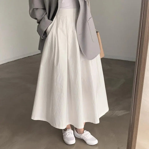 Chic Simple Mid-Length A-Line Skirt Women Korean Half Body Skirt Commute High Waist Loose Pure Color Long Pleated Skirt