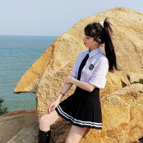 High Waist Striped Pleated Skirt with Lining