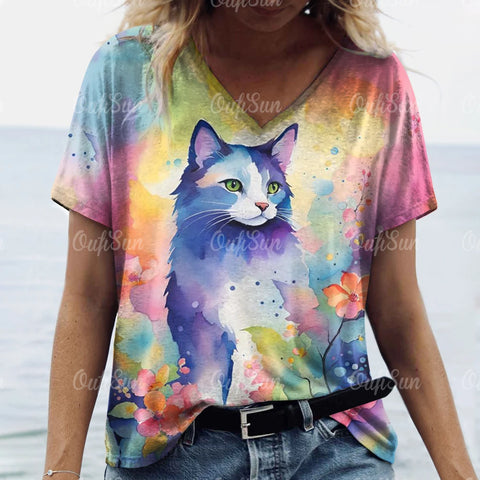 Summer Cat Print Casual Short Sleeve 3d T-Shirts