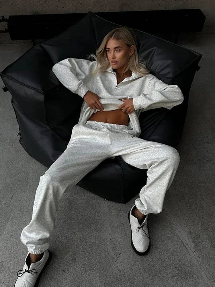 Women Track Suit Laple Zipper Patchwork Set