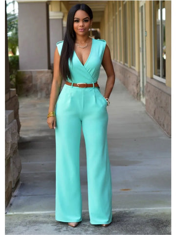Sexy Deep V Neck Sleeveless Solid Color Formal Fashion Jumpsuit with Wrap Hip