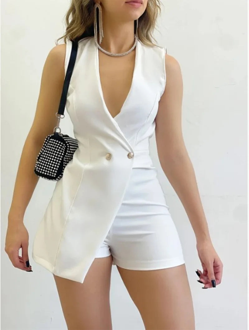 Sexy Deep V Neck Sleeveless Jumpsuit Office Lady Elegant Buttoned Short Style Irregular Jumpsuits 2024 New Slim Women Clothing