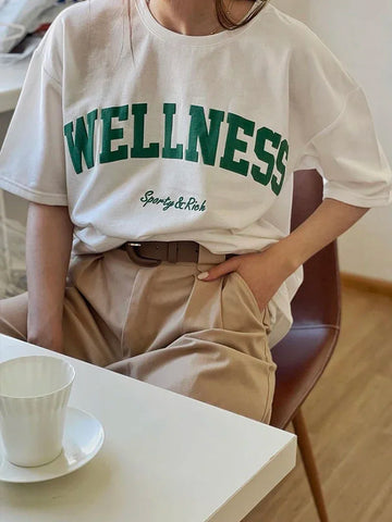 Wellness Sporty Rich Creativity Letter Female Tee Clothing Oversize Retro Street T-Shirts Breathable Women Short Sleeves