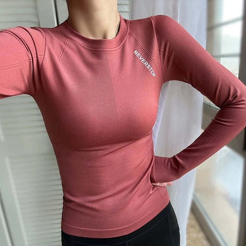 Thumb Hole Crew Neck Slimming Fit Long Sleeves Compression Tops