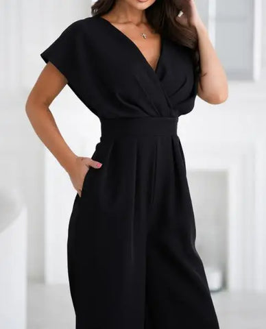 Summer Solid Color Short Sleeved Pants V-Neck Waist Slimming Jumpsuit Full Length for Sexy and Elegant Women