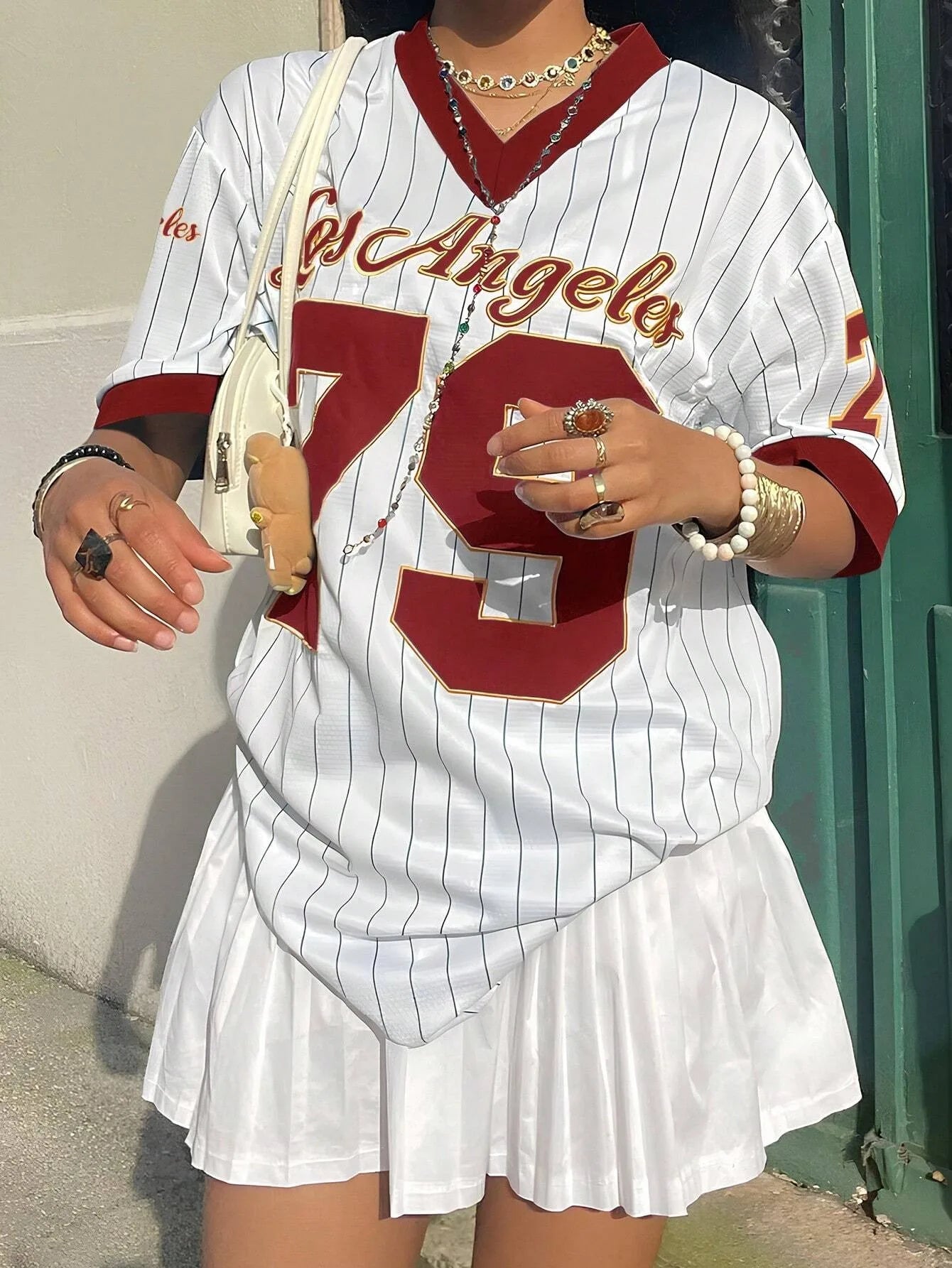 Baseball Jersey Los Angeles Printed V-Neck Half Sleeve Oversized T-shirt