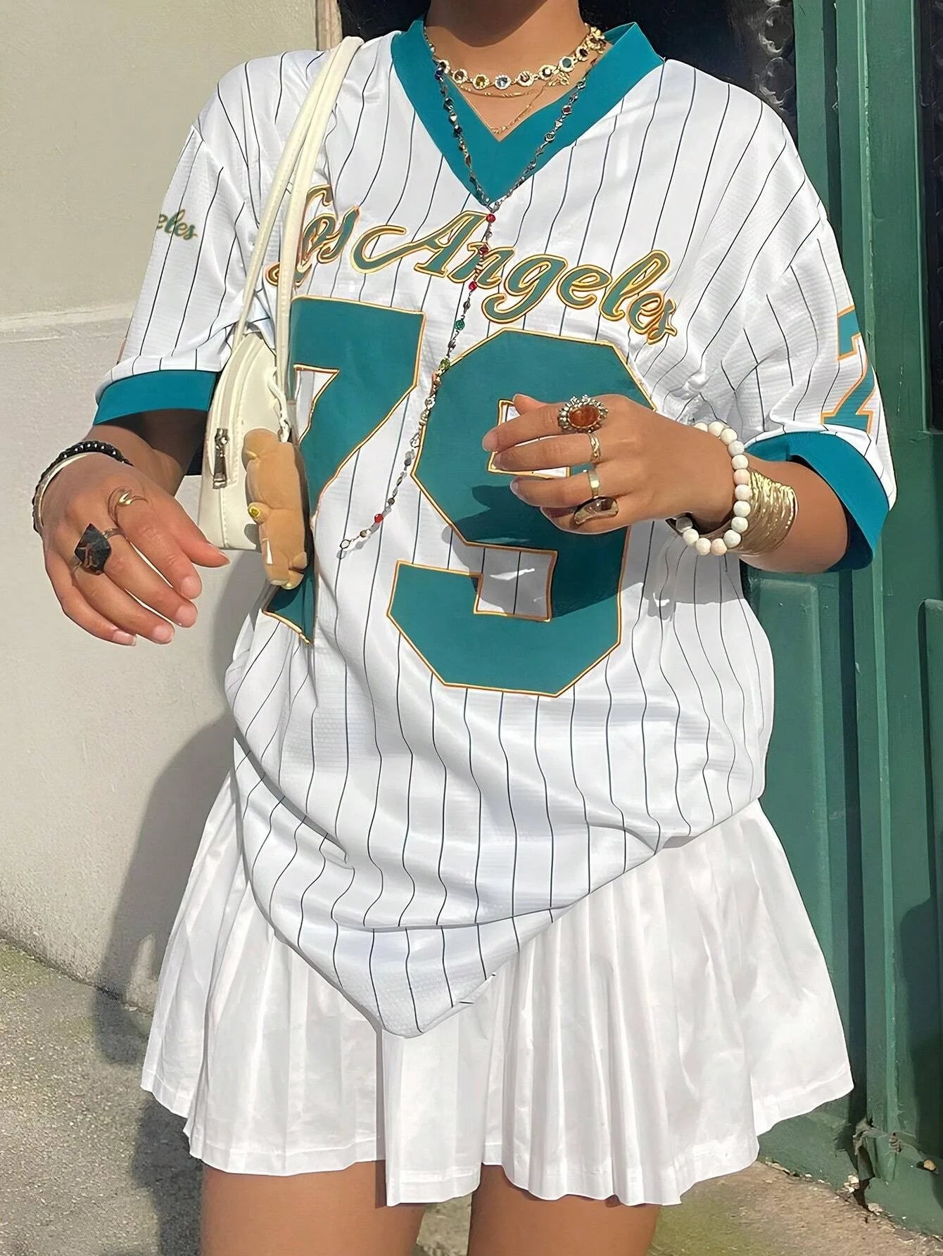 Baseball Jersey Los Angeles Printed V-Neck Half Sleeve Oversized T-shirt