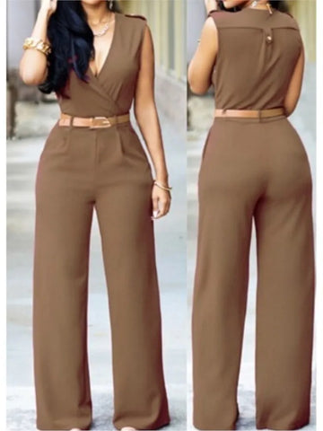 Sexy Deep V Neck Sleeveless Solid Color Formal Fashion Jumpsuit with Wrap Hip