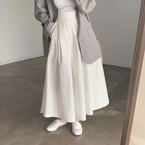 Chic Simple Mid-Length A-Line Skirt Women Korean Half Body Skirt Commute High Waist Loose Pure Color Long Pleated Skirt