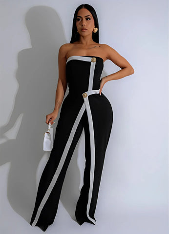 Leosoxs Women Elegant Button Sleeveless Strapless Irregular Formal Jumpsuits