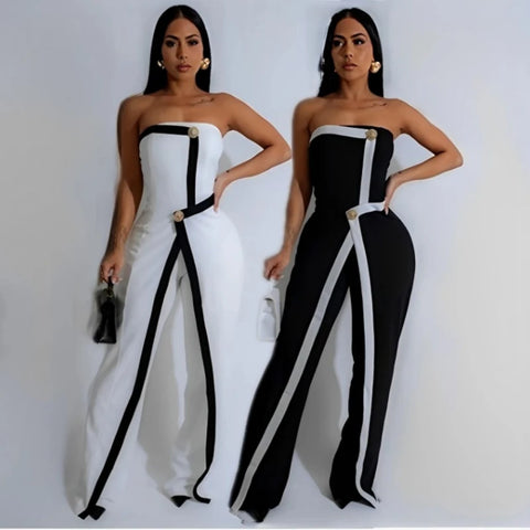 Leosoxs Women Elegant Button Sleeveless Strapless Irregular Formal Jumpsuits