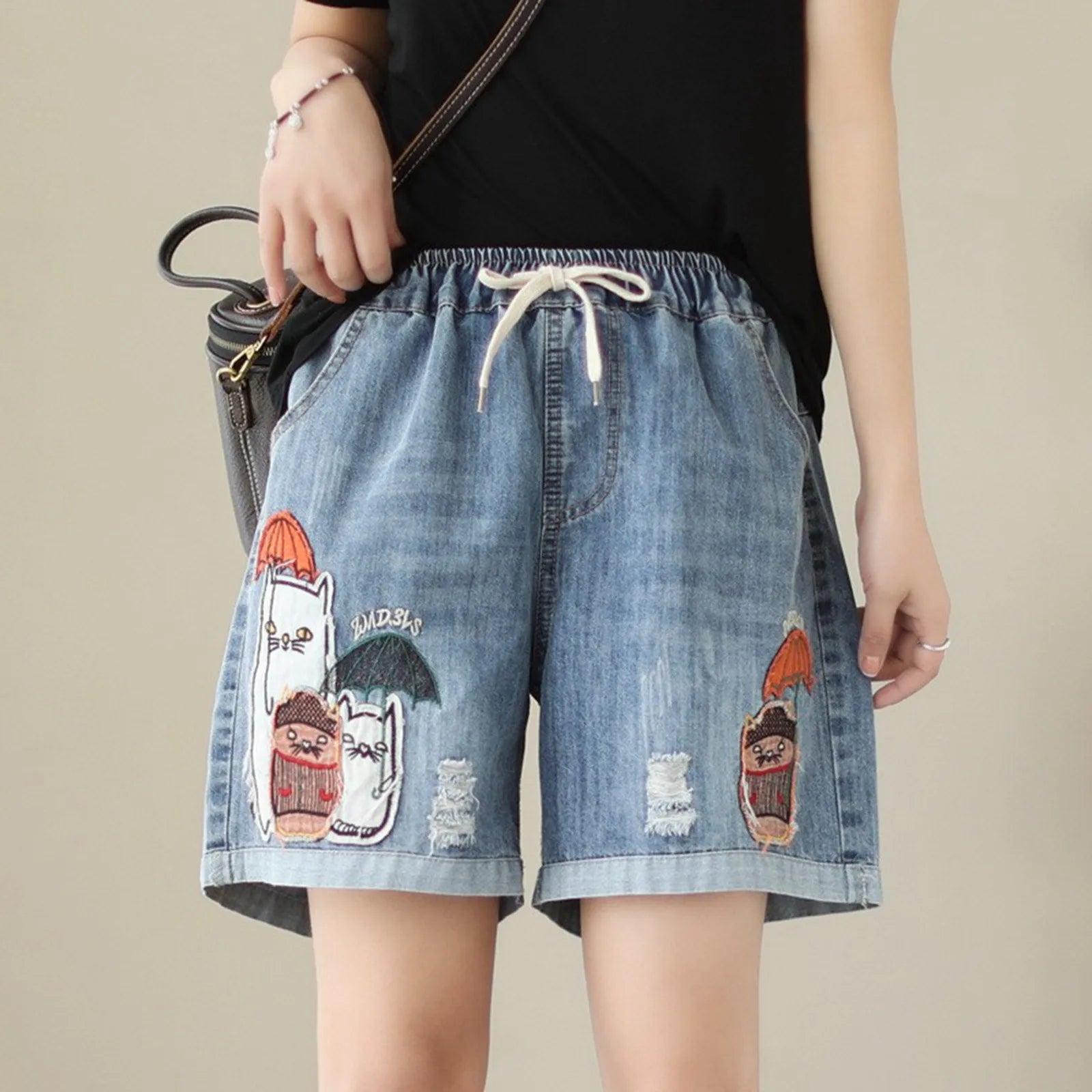 Ethnic Style Funny Cartoon Printed Wide Leg Shorts For Women Jeans Rolled Up Elastic Waist Bandage Y2k Shorts Baggy Denim Shorts