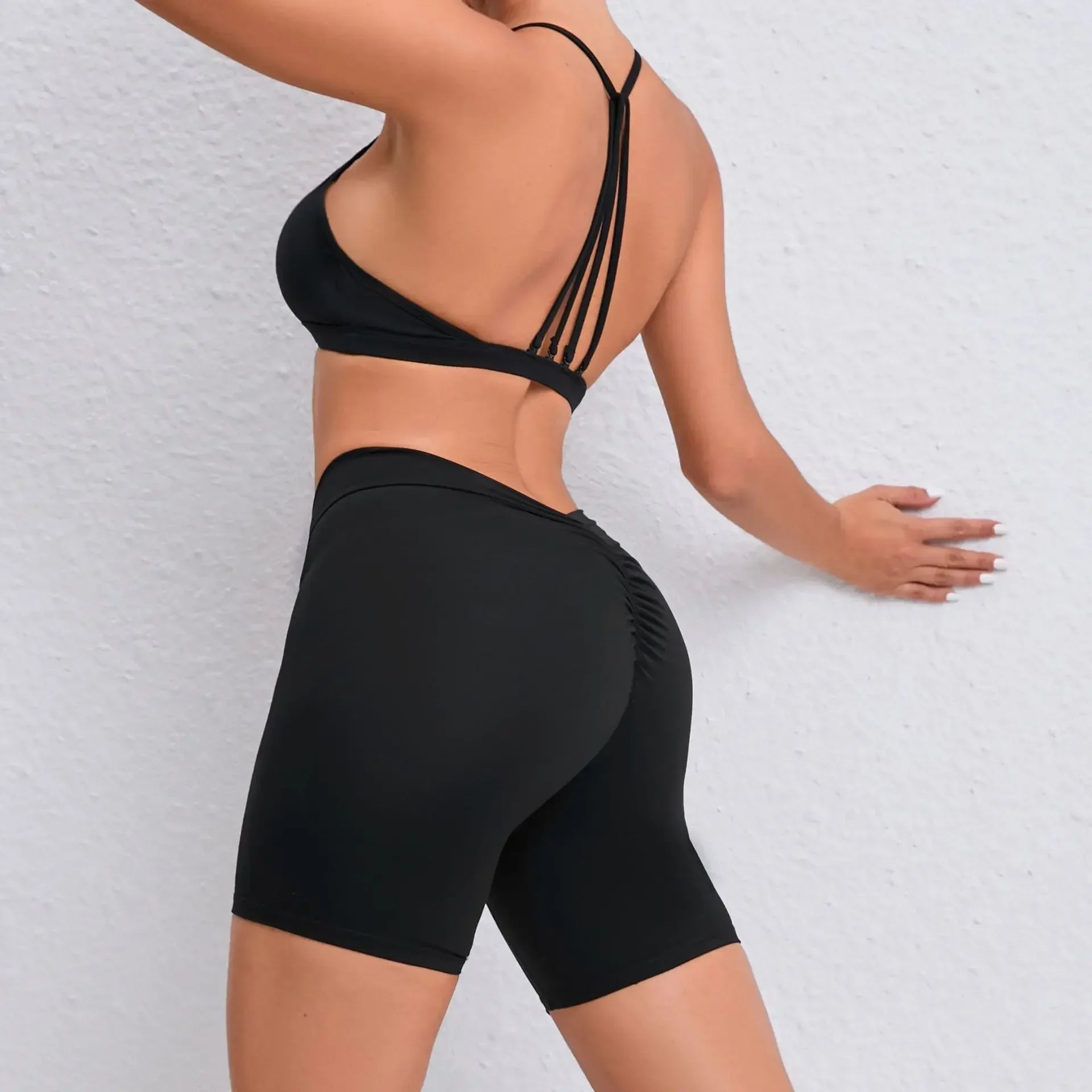 Yoga Shorts Set Women Black Hollow Back Sports Bra High Waist Pants Suit for Fitness Sports Seamless Workout Sportwear Clothes