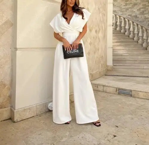 Summer Solid Color Short Sleeved Pants V-Neck Waist Slimming Jumpsuit Full Length for Sexy and Elegant Women