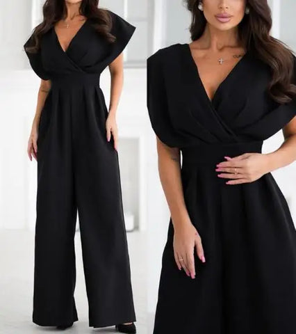 Summer Solid Color Short Sleeved Pants V-Neck Waist Slimming Jumpsuit Full Length for Sexy and Elegant Women