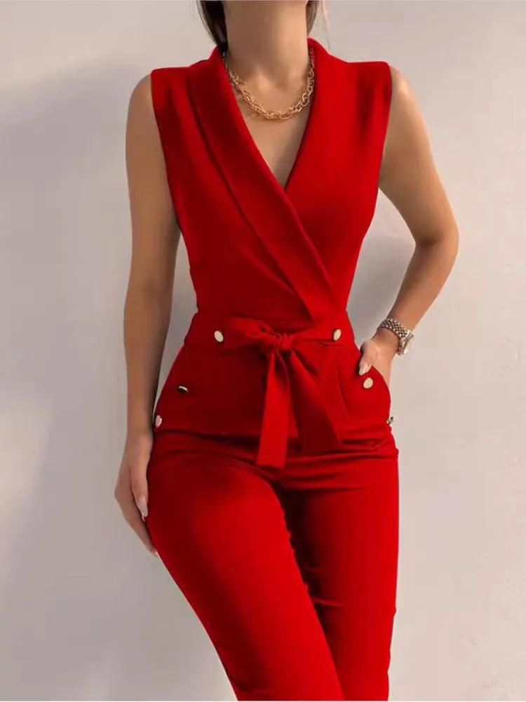 Sleeveless V-neck Lace Up High Waist Formal Jumpsuit - Solid overalls Clothing