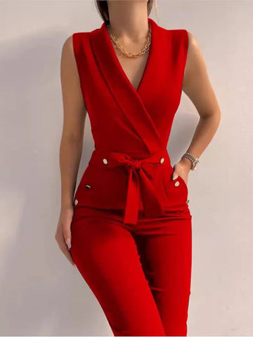 Sleeveless V-neck Lace Up High Waist Formal Jumpsuit - Solid overalls Clothing