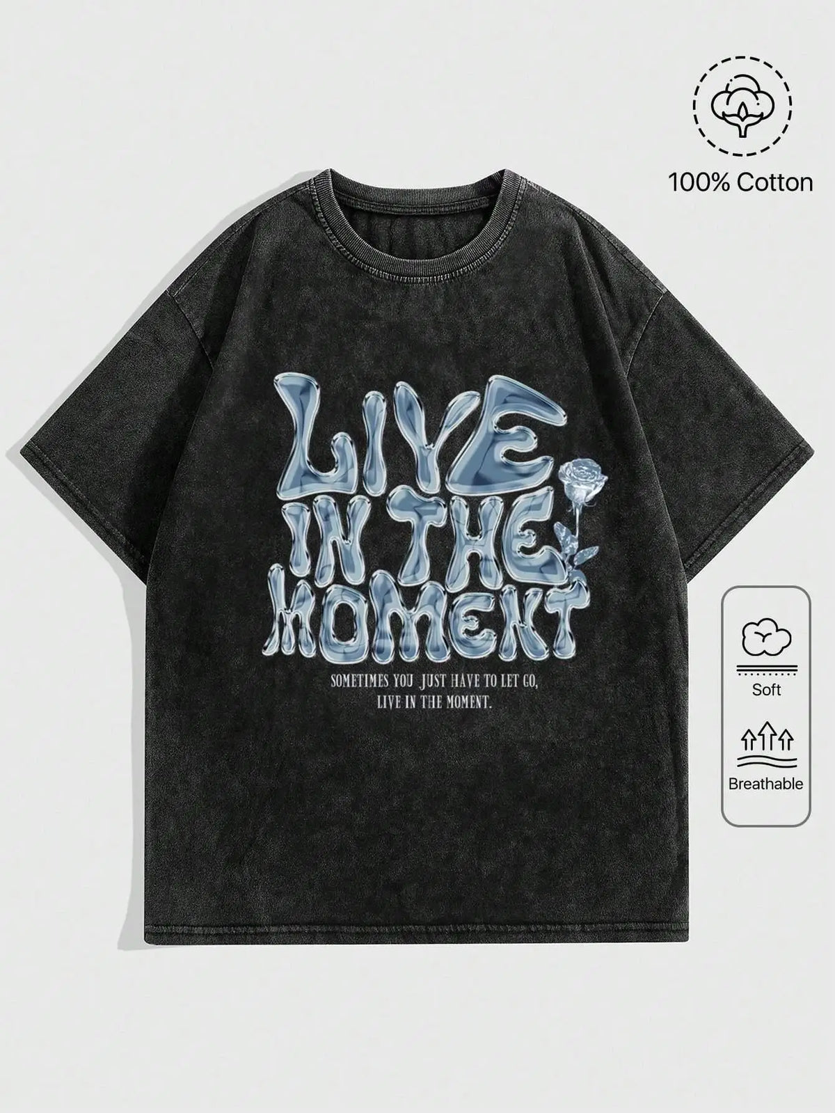 Women Casual Cotton Washed T-Shirt Live In The Moment Letter Printing Tees Tops Fashion O-neck Oversize Street Female Clothes