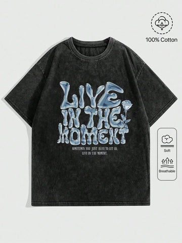 Women Casual Cotton Washed T-Shirt Live In The Moment Letter Printing Tees Tops Fashion O-neck Oversize Street Female Clothes