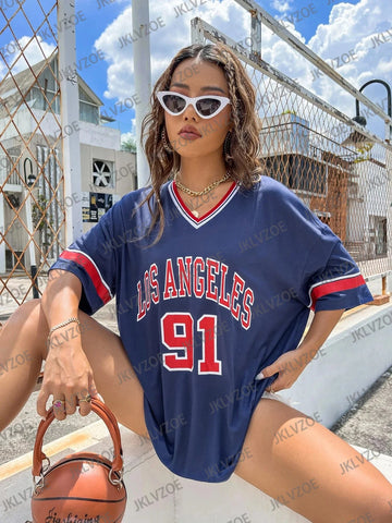 Los Angeles Number 91 TShirt For Men Women Summer Fashion Leopard Print V-neck Tee Trend Short Sleeve Female Streetwear Top