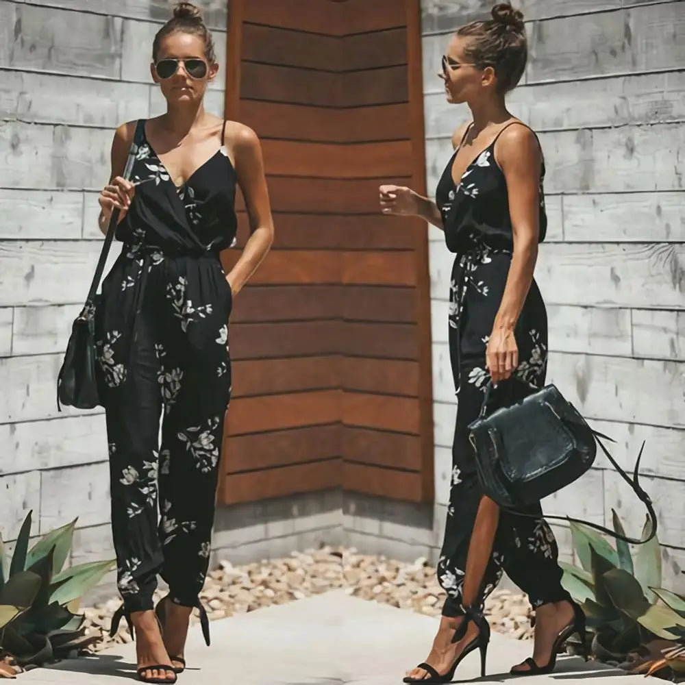 Women Summer Sexy Backless Casual Deep-V Floral Print Strappy Formal Jumpsuits