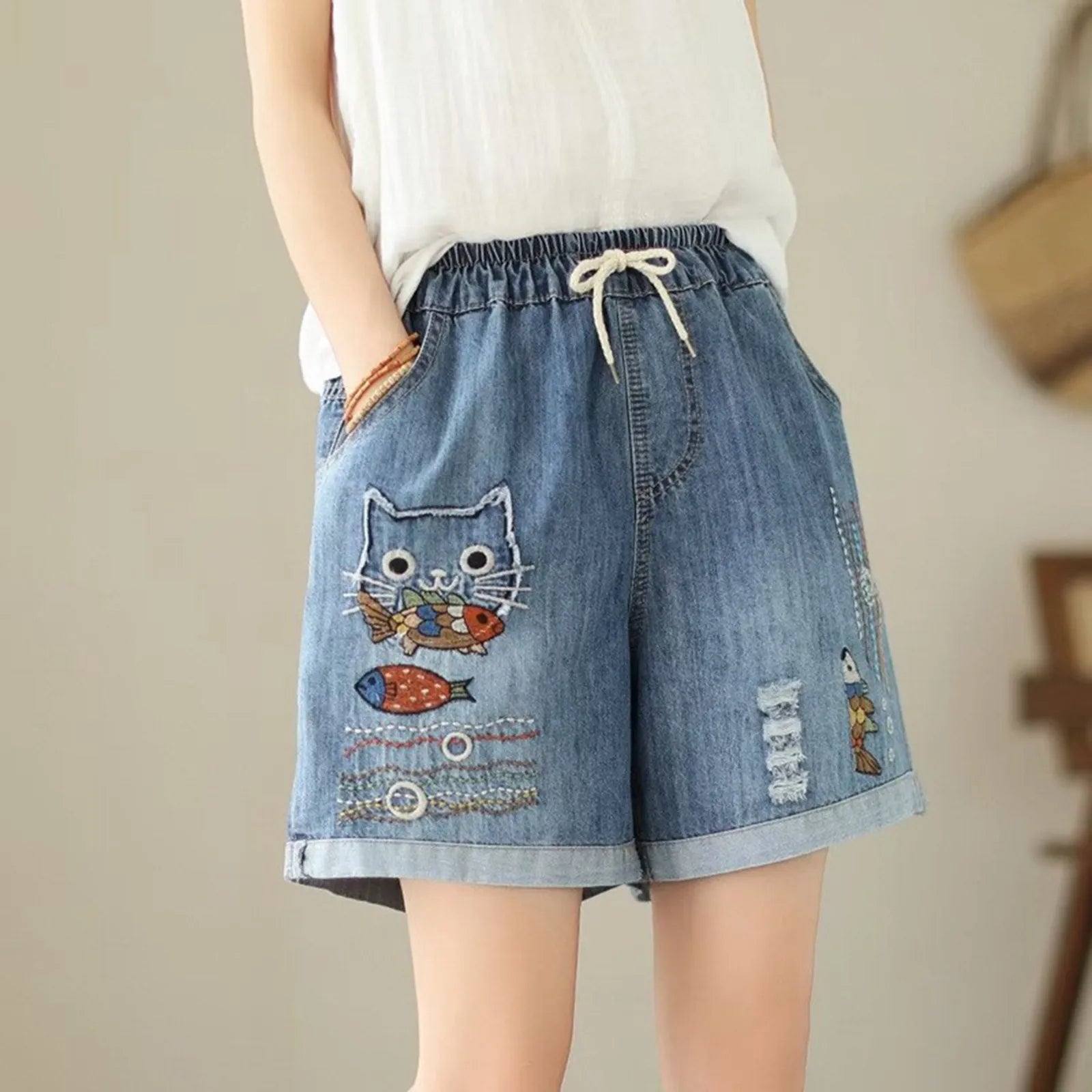 Ethnic Style Funny Cartoon Printed Wide Leg Shorts For Women Jeans Rolled Up Elastic Waist Bandage Y2k Shorts Baggy Denim Shorts