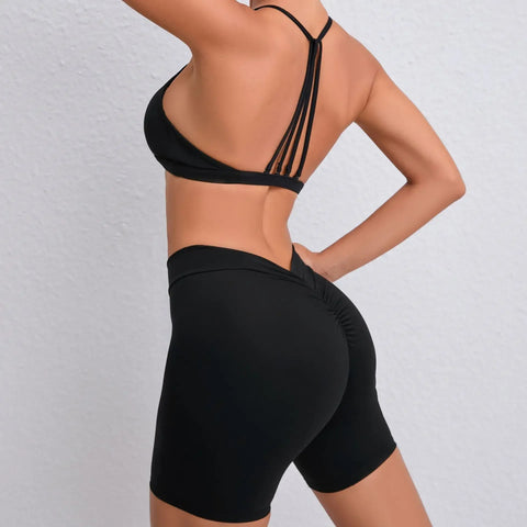 Yoga Shorts Set Women Black Hollow Back Sports Bra High Waist Pants Suit for Fitness Sports Seamless Workout Sportwear Clothes