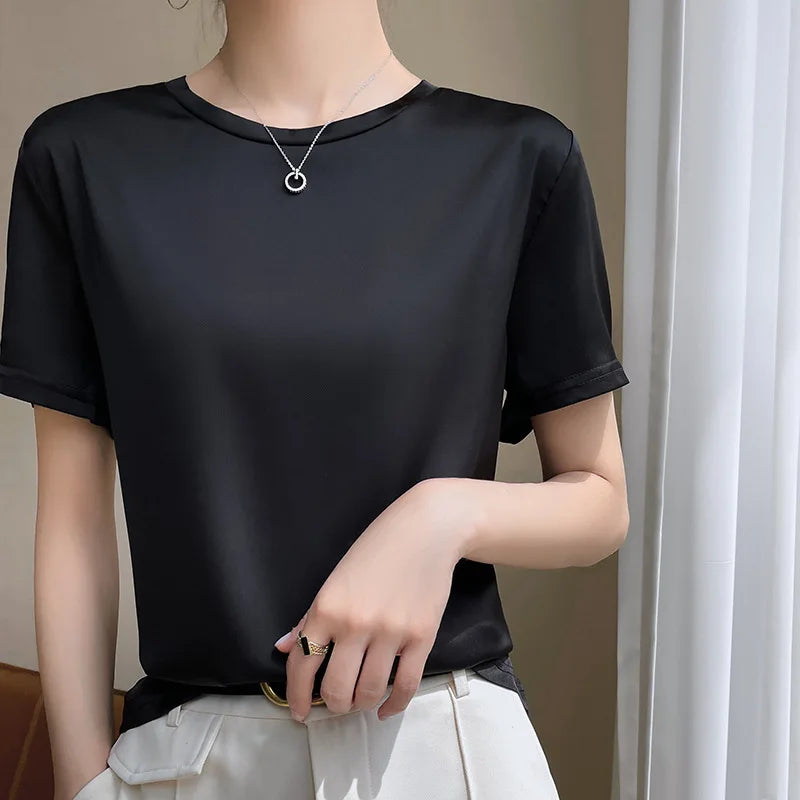 2025 Spring Summer T-shirt Women Solid Short Sleeve Fashion Korean Tops O-neck Casual Office Lady Tshirt Femme Green White Shirt