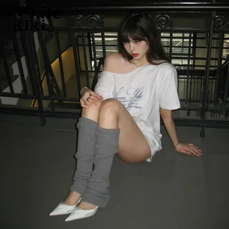 PixieKiki Letter Print Graphic T Shirts White Oversized One Shoulder Tops Womens Summer Fashion Clothing Trends 2024 P71-BG14