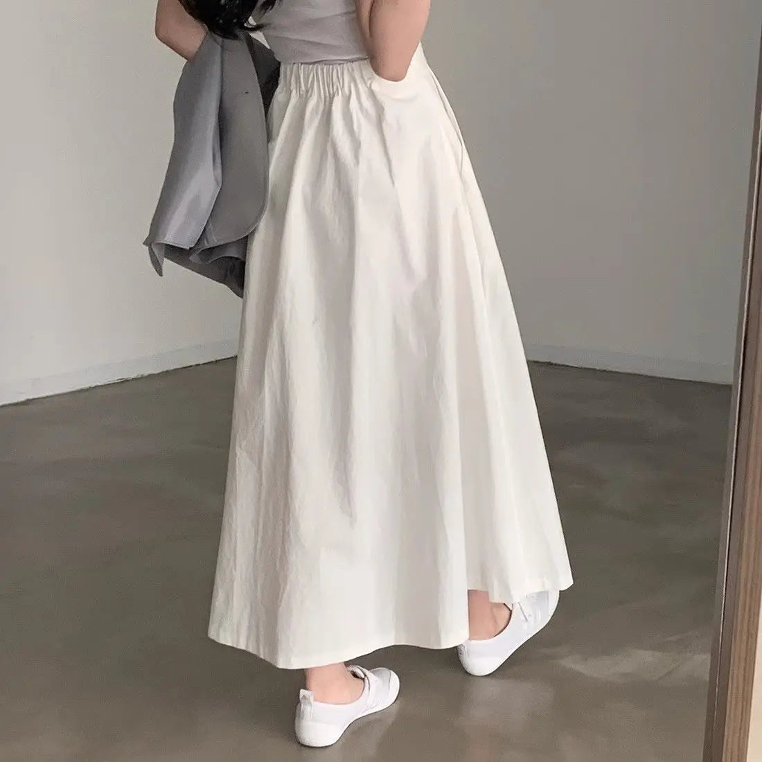 Chic Simple Mid-Length A-Line Skirt Women Korean Half Body Skirt Commute High Waist Loose Pure Color Long Pleated Skirt