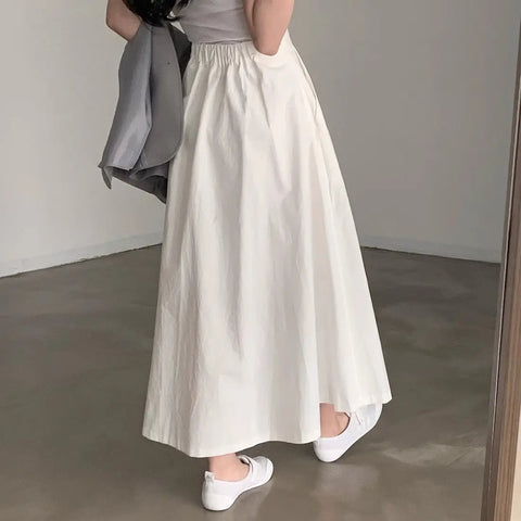 Chic Simple Mid-Length A-Line Skirt Women Korean Half Body Skirt Commute High Waist Loose Pure Color Long Pleated Skirt