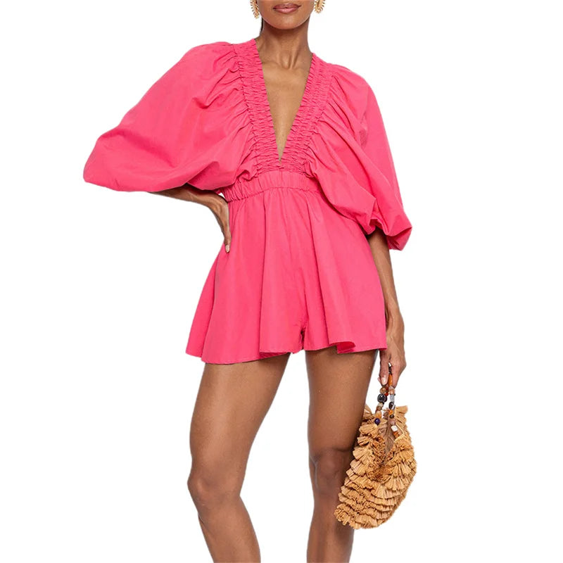 Lamuusaa Women Playsuit y2k Clothes Solid Color/Plaid Print V Neck Bubble Sleeve High Waist Short Jumpsuit Romper Streetwear