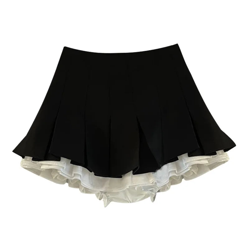 Ruffles Black Japanese Kawaii Korean Patchwork High Waist Mini Pleated Skirts