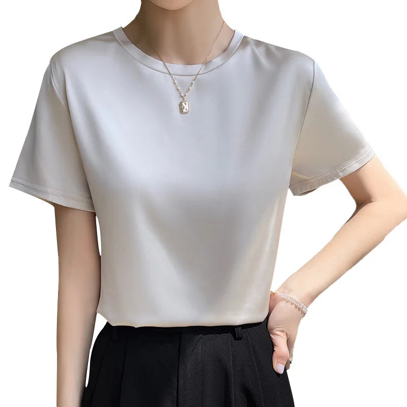 2025 Spring Summer T-shirt Women Solid Short Sleeve Fashion Korean Tops O-neck Casual Office Lady Tshirt Femme Green White Shirt