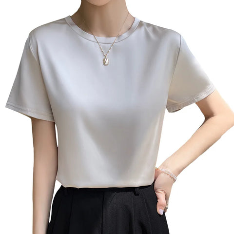 2025 Spring Summer T-shirt Women Solid Short Sleeve Fashion Korean Tops O-neck Casual Office Lady Tshirt Femme Green White Shirt