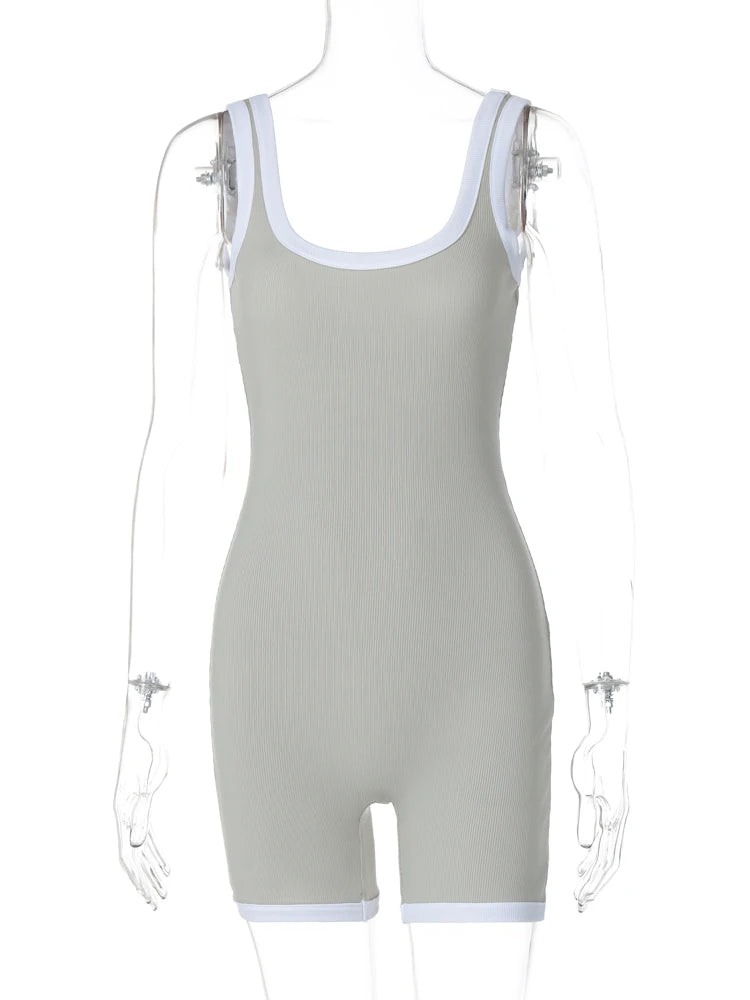 Hugcitar Color Block Straps Backless Sexy Bodycon One Piece Playsuit Women Fashion Outfits Streetwear Workout Gym Vacation