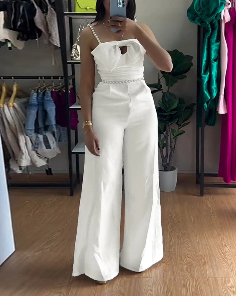 Bandeau Beaded Spaghetti Strap Bowknot Formal Jumpsuit