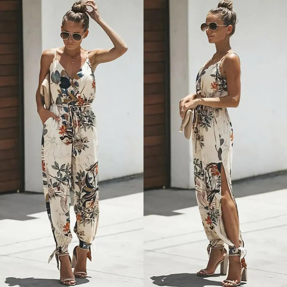 Women Summer Sexy Backless Casual Deep-V Floral Print Strappy Formal Jumpsuits