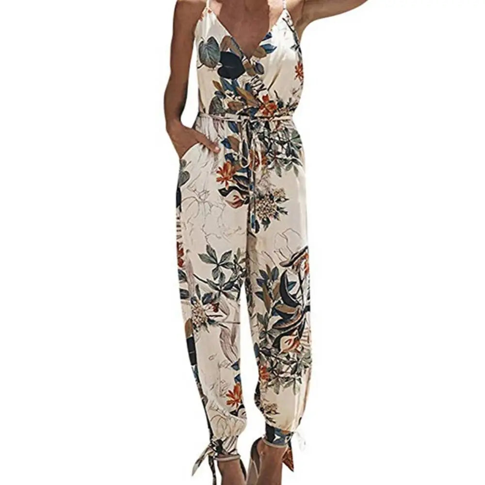 Women Summer Sexy Backless Casual Deep-V Floral Print Strappy Formal Jumpsuits