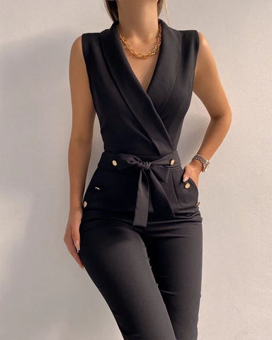 Sleeveless V-neck Lace Up High Waist Formal Jumpsuit - Solid overalls Clothing