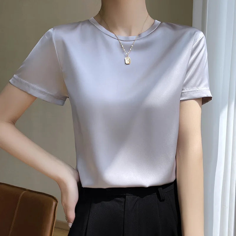 2025 Spring Summer T-shirt Women Solid Short Sleeve Fashion Korean Tops O-neck Casual Office Lady Tshirt Femme Green White Shirt