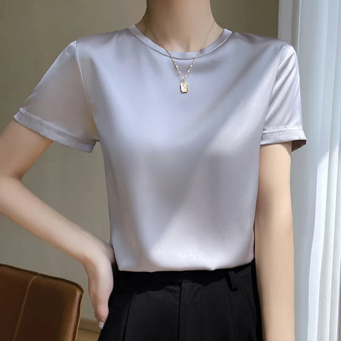 2025 Spring Summer T-shirt Women Solid Short Sleeve Fashion Korean Tops O-neck Casual Office Lady Tshirt Femme Green White Shirt