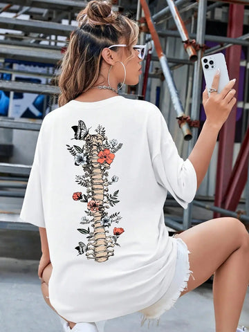 Floral & Skeleton Print Cotton T-Shirt for Women Motivational Grow Through It Personality Female Tee Oversize Tops Soft Clothes