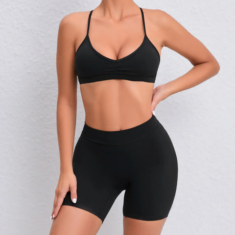 Yoga Shorts Set Women Black Hollow Back Sports Bra High Waist Pants Suit for Fitness Sports Seamless Workout Sportwear Clothes