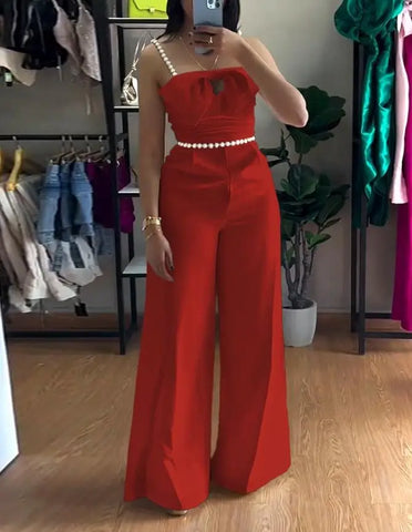 Bandeau Beaded Spaghetti Strap Bowknot Formal Jumpsuit